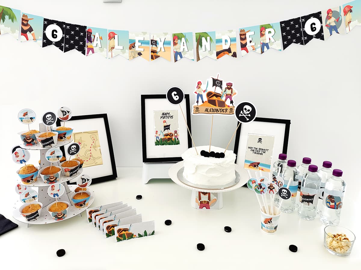 Pirates: Kit anniversaire personnalisé à imprimer avec jeux et décorations
