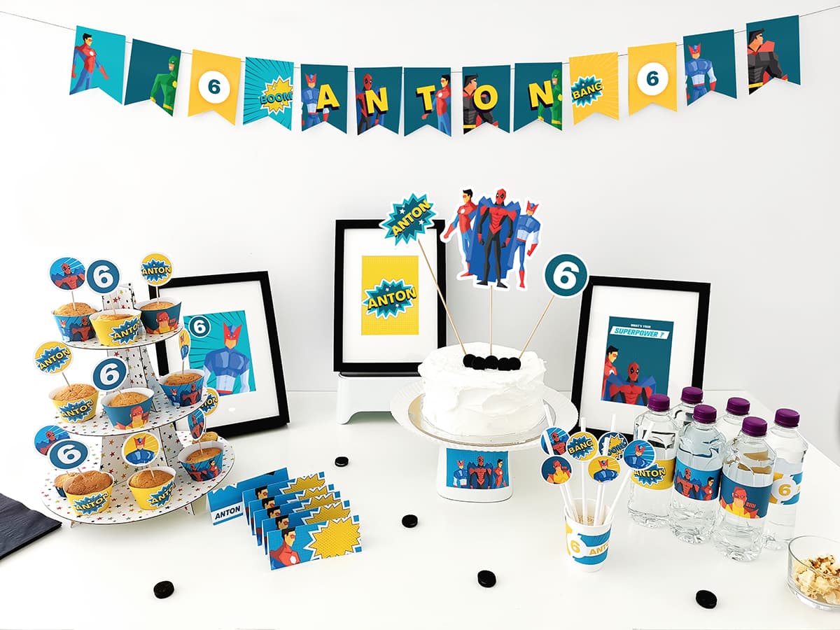SuperHéros: Kit anniversaire personnalisé à imprimer avec jeux et décorations