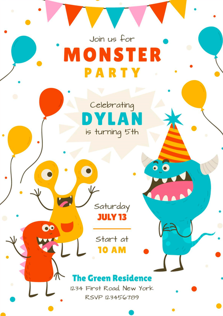 Invitation d'anniversaire gratuite et personnalisée Monstres